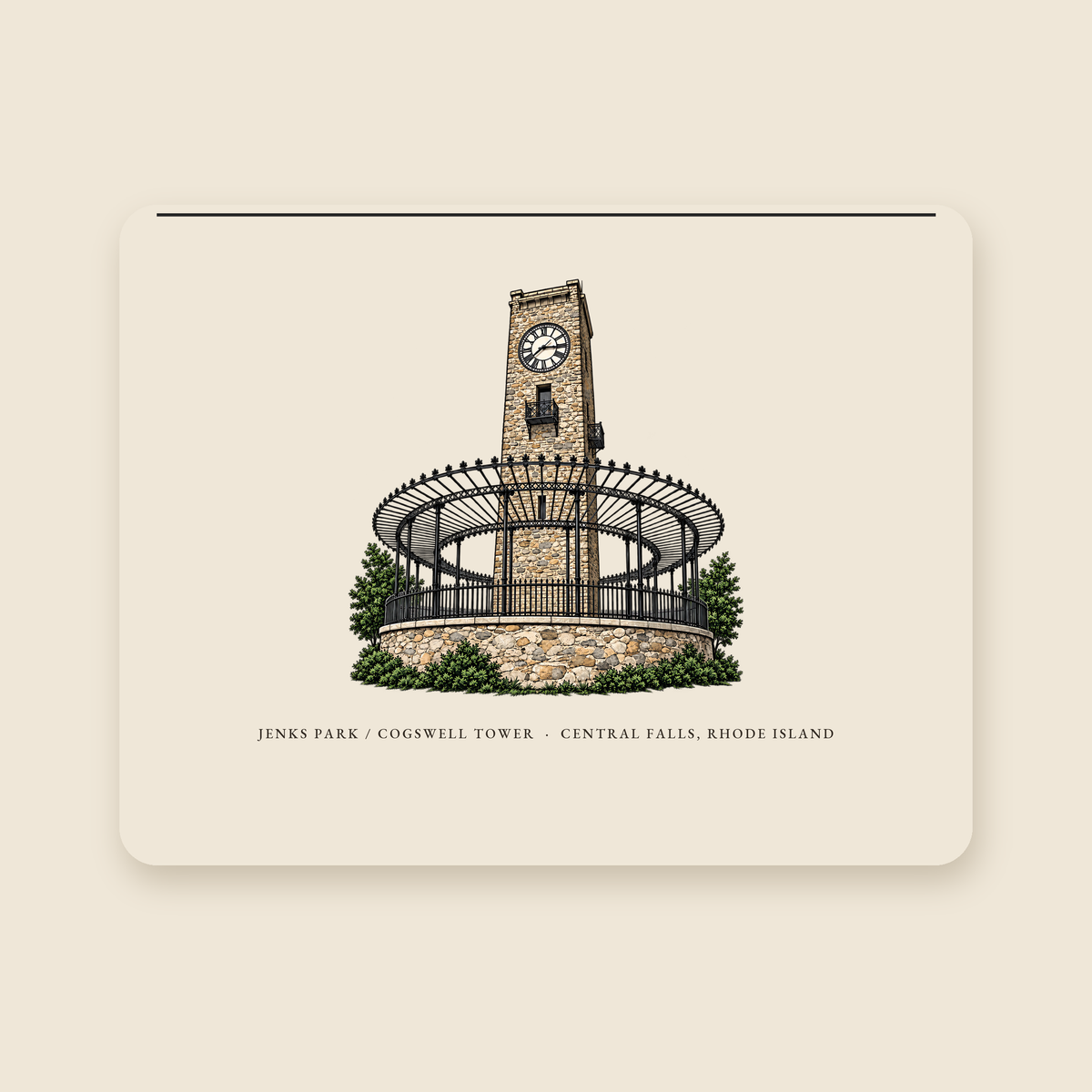 Central Falls Jenks Park / Cogswell Tower illustrated laptop sleeve with the caption JENKS PARK / COGSWELL TOWER · CENTRAL FALLS, RHODE ISLAND, shown on a cream background