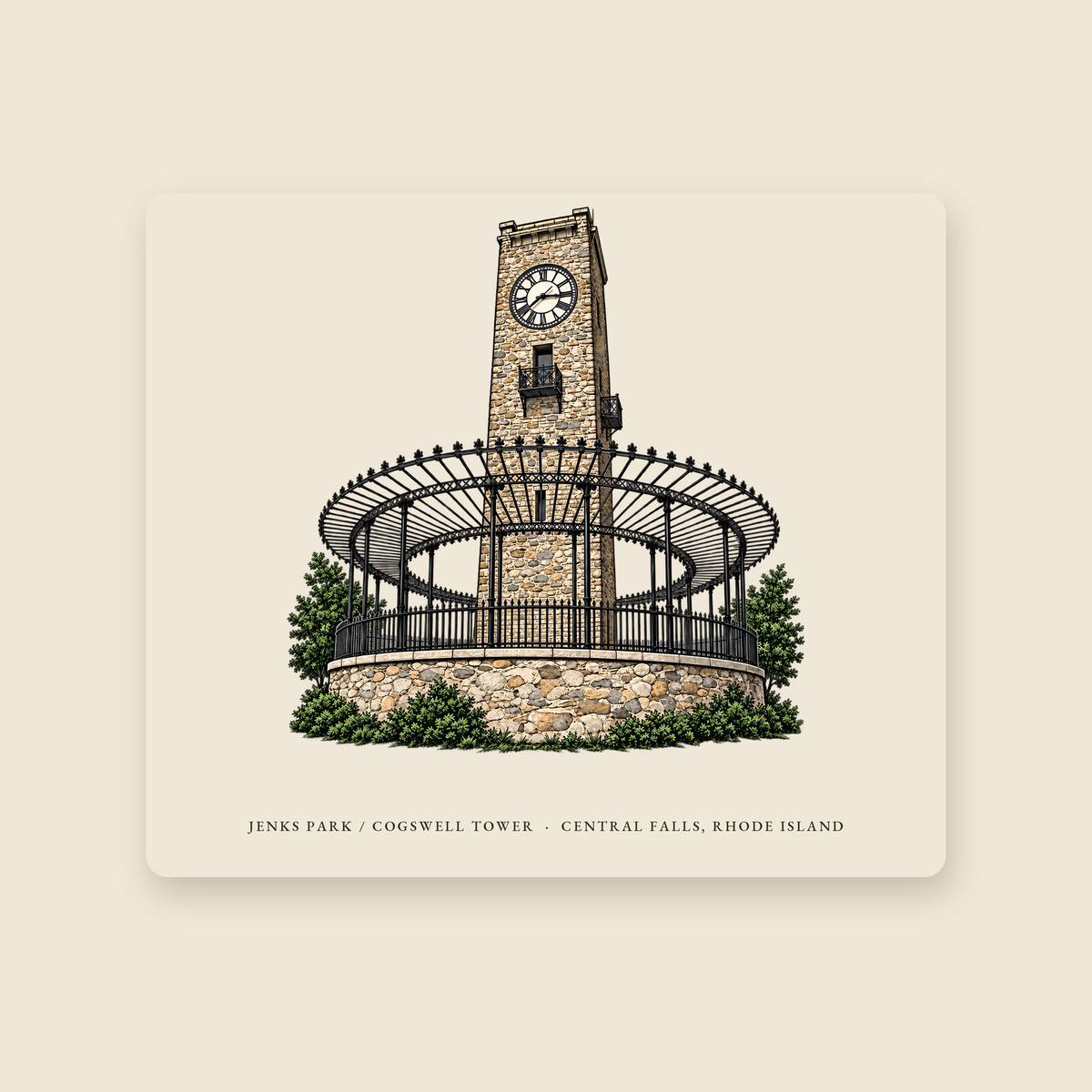 Central Falls Jenks Park / Cogswell Tower illustrated mouse pad with the caption JENKS PARK / COGSWELL TOWER · CENTRAL FALLS, RHODE ISLAND, shown on a cream background