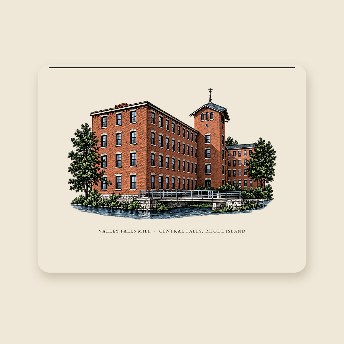 Central Falls Valley Falls Mill illustrated laptop sleeve with the caption VALLEY FALLS MILL · CENTRAL FALLS, RHODE ISLAND, shown on a cream background