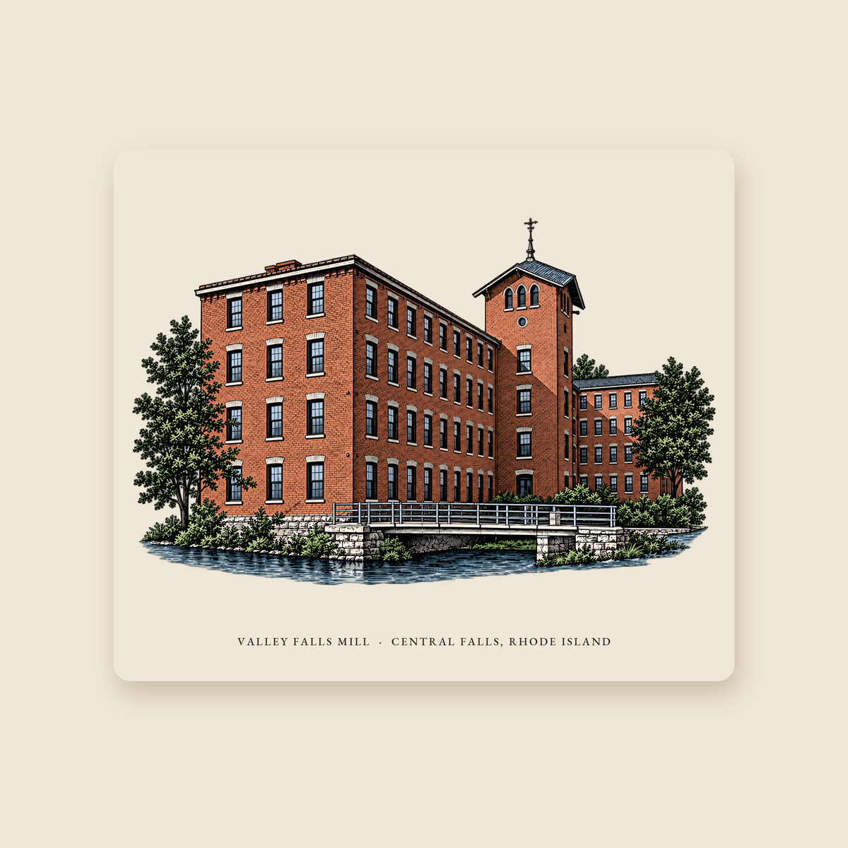 Central Falls Valley Falls Mill illustrated mouse pad with the caption VALLEY FALLS MILL · CENTRAL FALLS, RHODE ISLAND, shown on a cream background