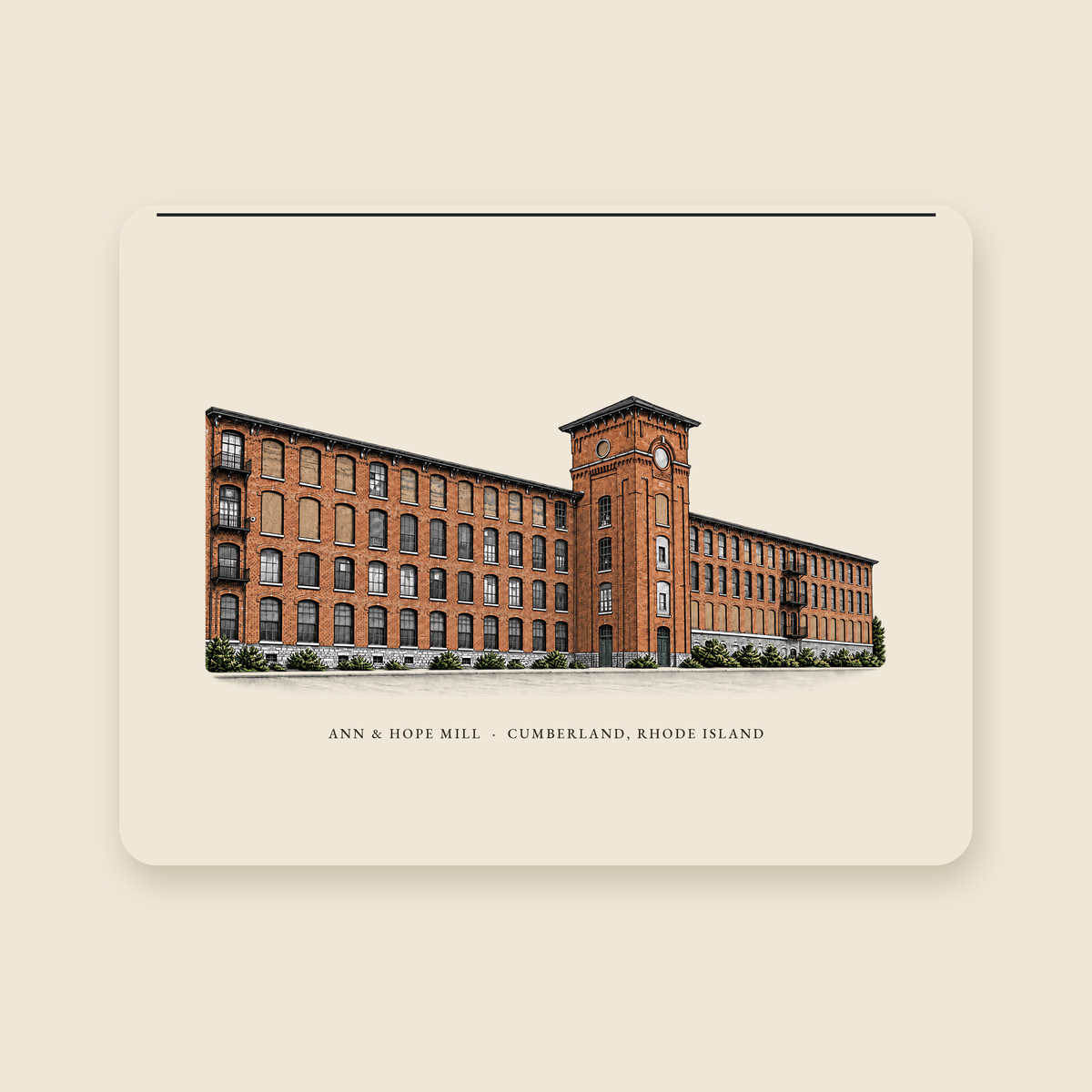 Cumberland Ann & Hope Mill illustrated laptop sleeve with the caption ANN & HOPE MILL · CUMBERLAND, RHODE ISLAND, shown on a cream background