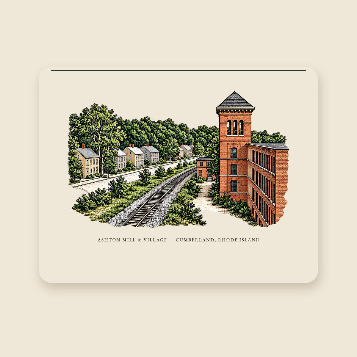 Cumberland Ashton Mill & Village illustrated laptop sleeve with the caption ASHTON MILL & VILLAGE · CUMBERLAND, RHODE ISLAND, shown on a cream background