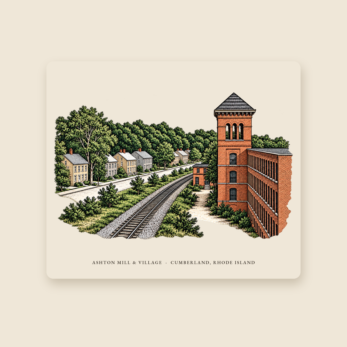 Cumberland Ashton Mill & Village illustrated mouse pad with the caption ASHTON MILL & VILLAGE · CUMBERLAND, RHODE ISLAND, shown on a cream background
