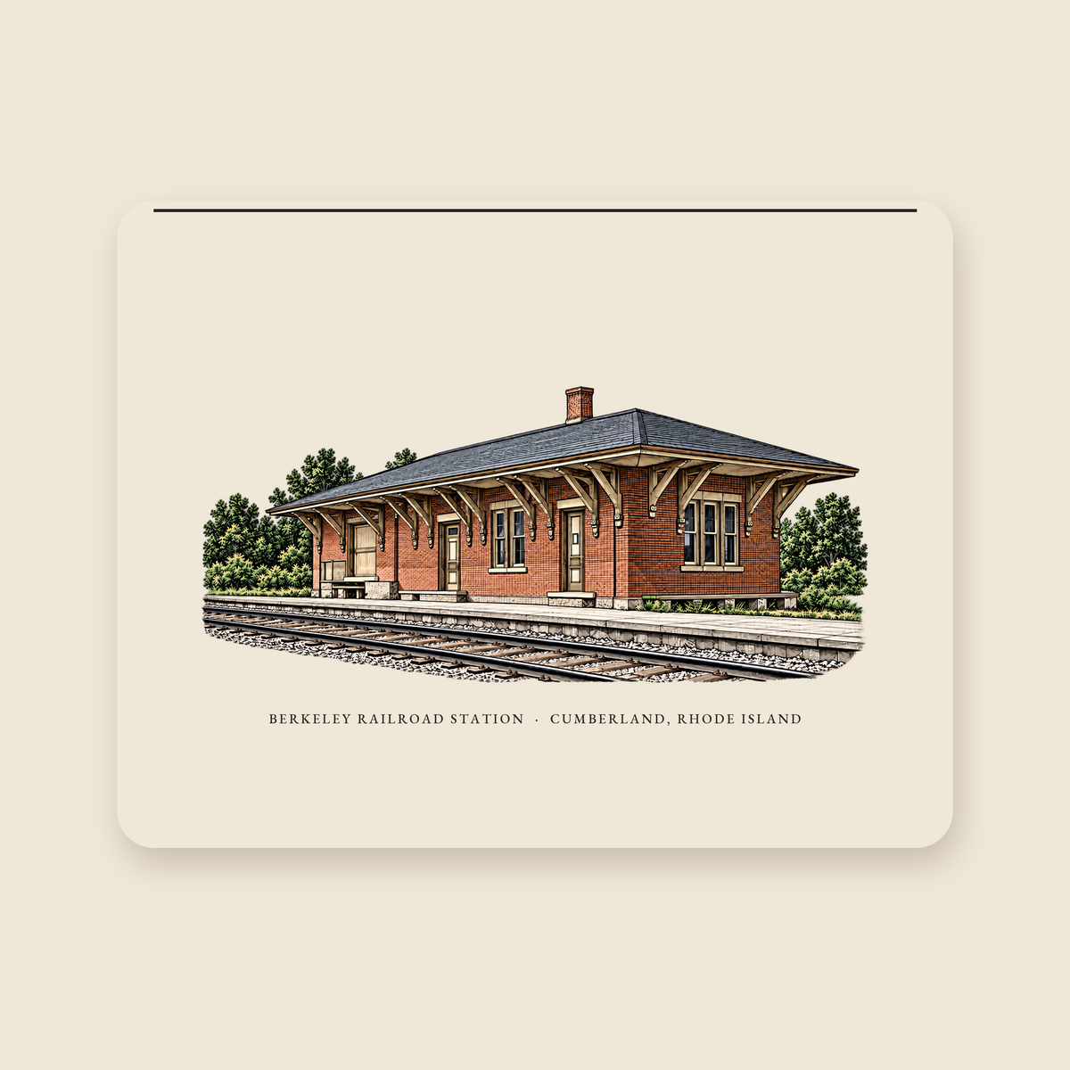 Cumberland Berkeley Railroad Station illustrated laptop sleeve with the caption BERKELEY RAILROAD STATION · CUMBERLAND, RHODE ISLAND, shown on a cream background