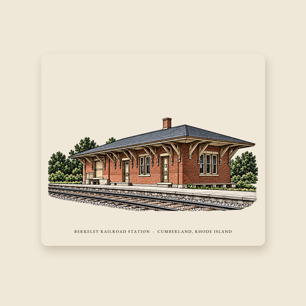 Cumberland Berkeley Railroad Station illustrated mouse pad with the caption BERKELEY RAILROAD STATION · CUMBERLAND, RHODE ISLAND, shown on a cream background
