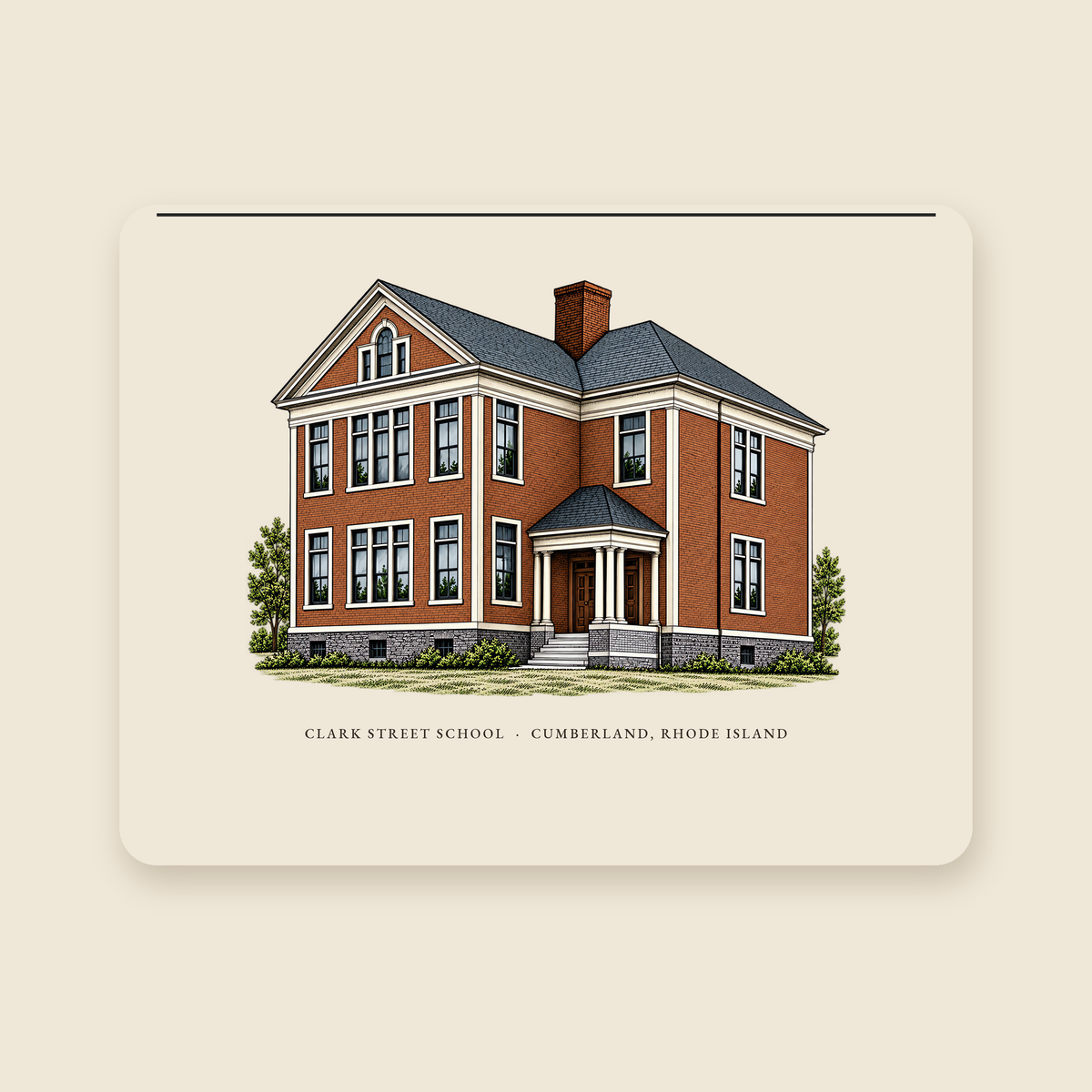 Cumberland Clark Street School illustrated laptop sleeve with the caption CLARK STREET SCHOOL · CUMBERLAND, RHODE ISLAND, shown on a cream background