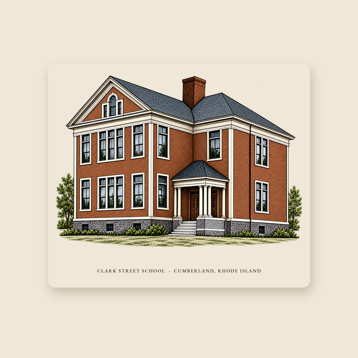 Cumberland Clark Street School illustrated mouse pad with the caption CLARK STREET SCHOOL · CUMBERLAND, RHODE ISLAND, shown on a cream background