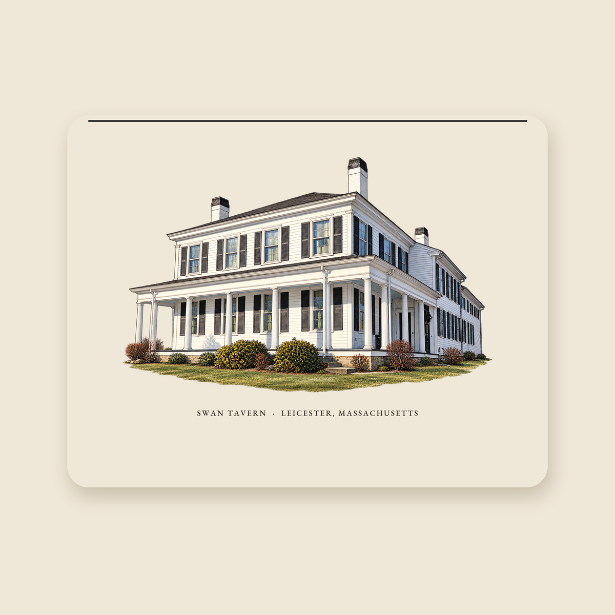 Leicester Swan Tavern illustrated laptop sleeve with the caption SWAN TAVERN · LEICESTER, MASSACHUSETTS, shown on a cream background