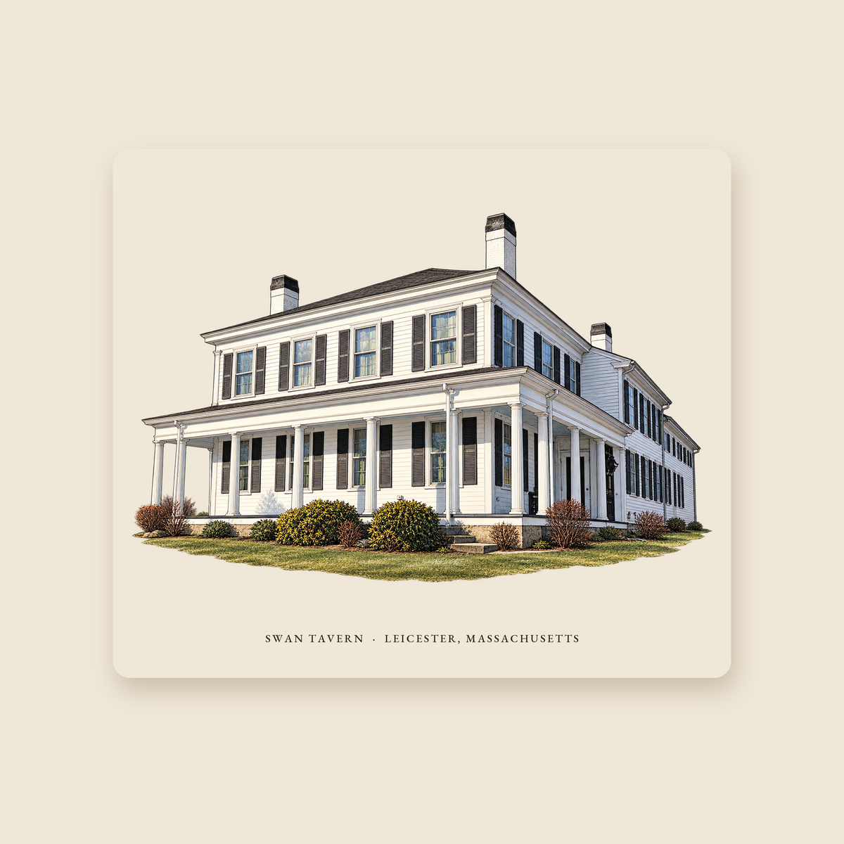 Leicester Swan Tavern illustrated mouse pad with the caption SWAN TAVERN · LEICESTER, MASSACHUSETTS, shown on a cream background