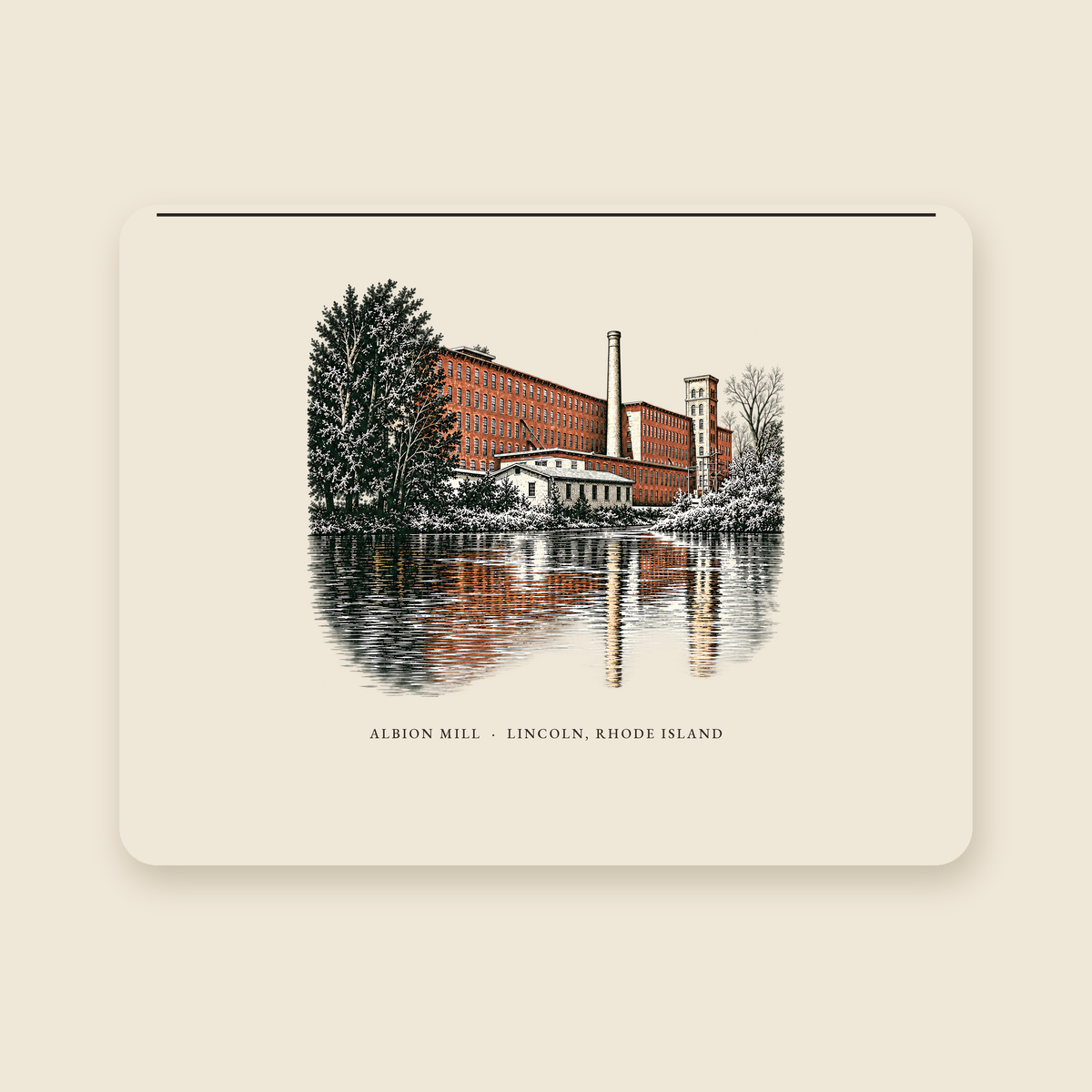 Lincoln Albion Mill illustrated laptop sleeve with the caption ALBION MILL · LINCOLN, RHODE ISLAND, shown on a cream background
