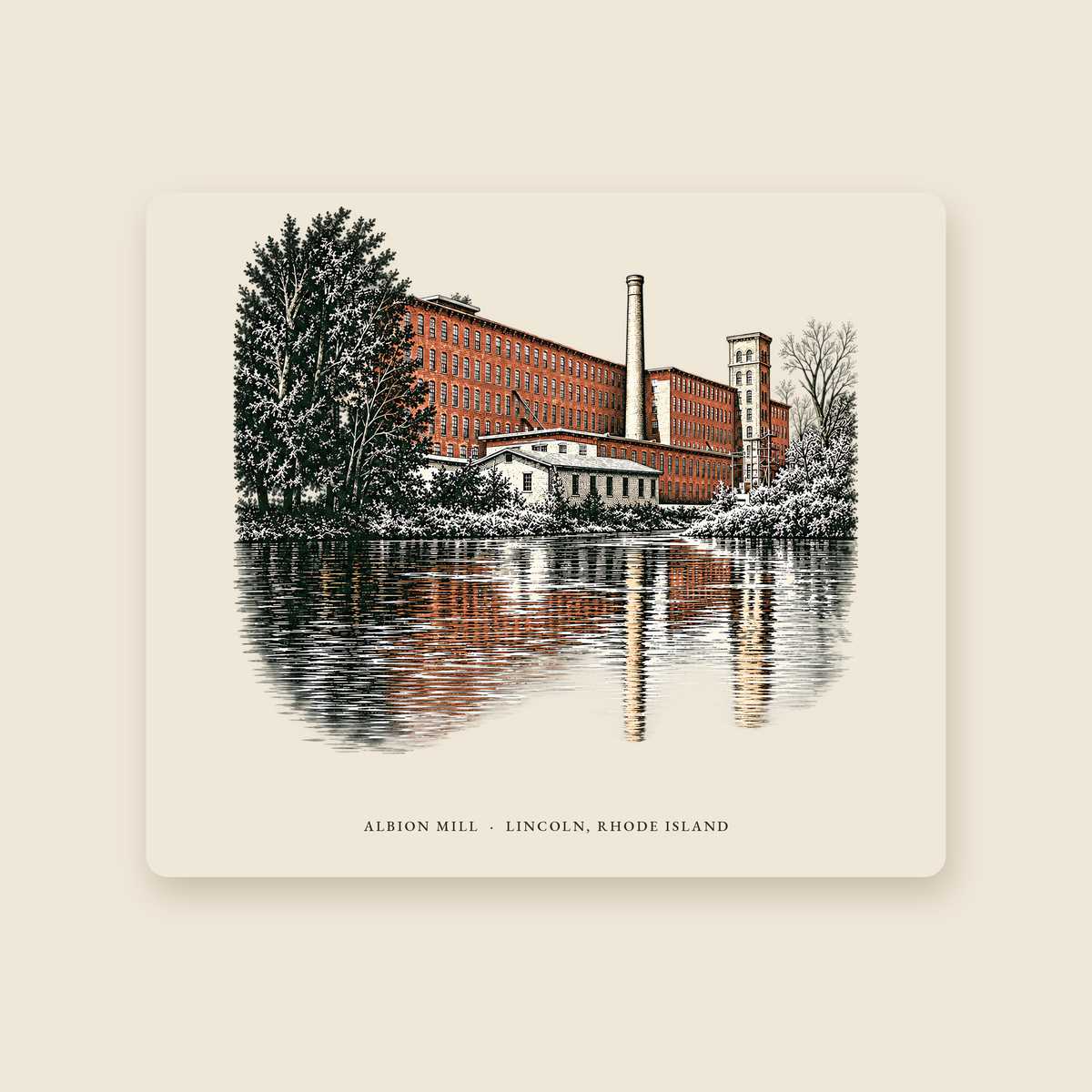 Lincoln Albion Mill illustrated mouse pad with the caption ALBION MILL · LINCOLN, RHODE ISLAND, shown on a cream background