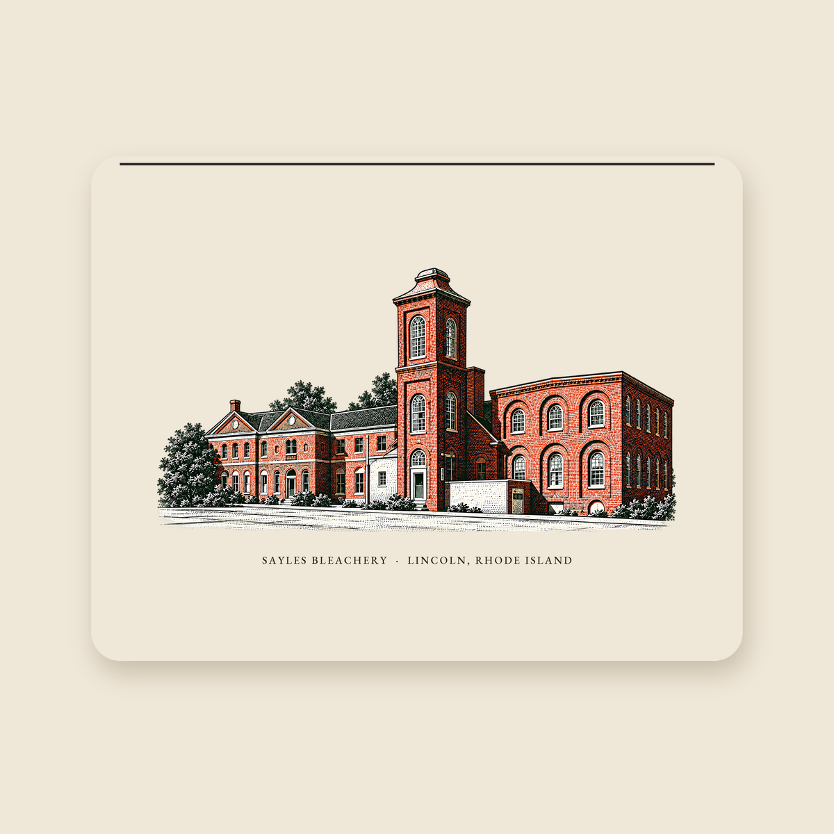 Lincoln Sayles Bleachery illustrated laptop sleeve with the caption SAYLES BLEACHERY · LINCOLN, RHODE ISLAND, shown on a cream background