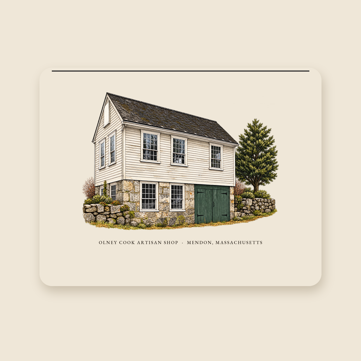 Mendon Olney Cook Artisan Shop illustrated laptop sleeve with the caption OLNEY COOK ARTISAN SHOP · MENDON, MASSACHUSETTS, shown on a cream background