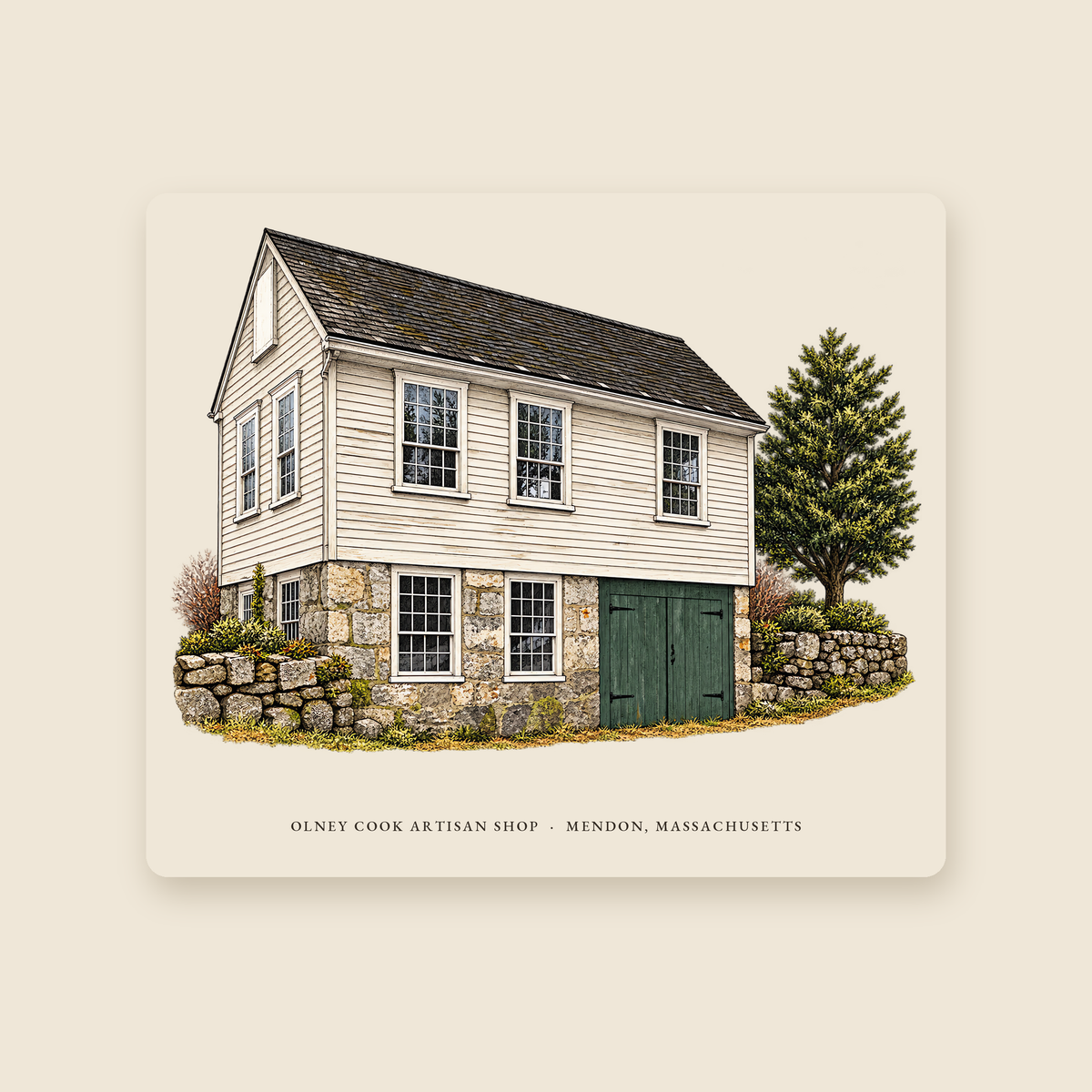 Mendon Olney Cook Artisan Shop illustrated mouse pad with the caption OLNEY COOK ARTISAN SHOP · MENDON, MASSACHUSETTS, shown on a cream background