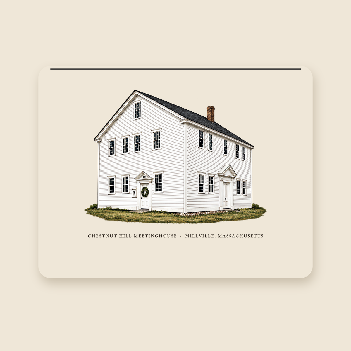 Millville Chestnut Hill Meetinghouse illustrated laptop sleeve with the caption CHESTNUT HILL MEETINGHOUSE · MILLVILLE, MASSACHUSETTS, shown on a cream background