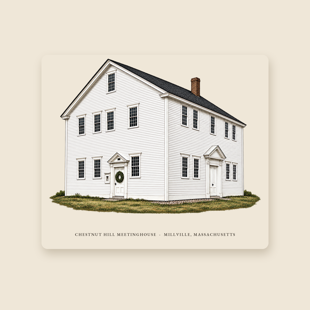 Millville Chestnut Hill Meetinghouse illustrated mouse pad with the caption CHESTNUT HILL MEETINGHOUSE · MILLVILLE, MASSACHUSETTS, shown on a cream background