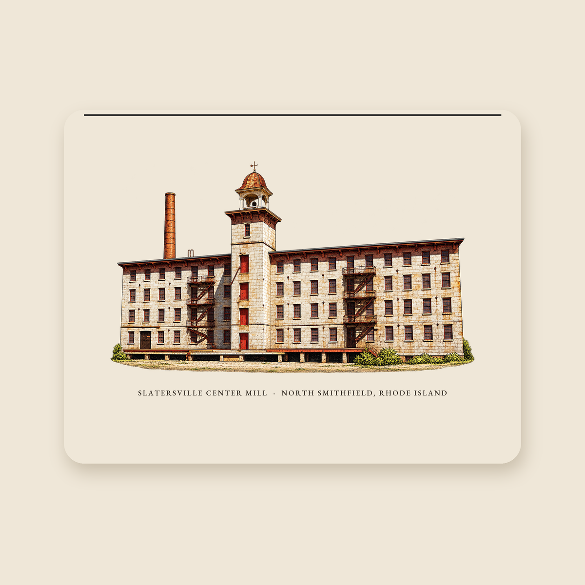 North Smithfield Slatersville Center Mill illustrated laptop sleeve with the caption SLATERSVILLE CENTER MILL · NORTH SMITHFIELD, RHODE ISLAND, shown on a cream background
