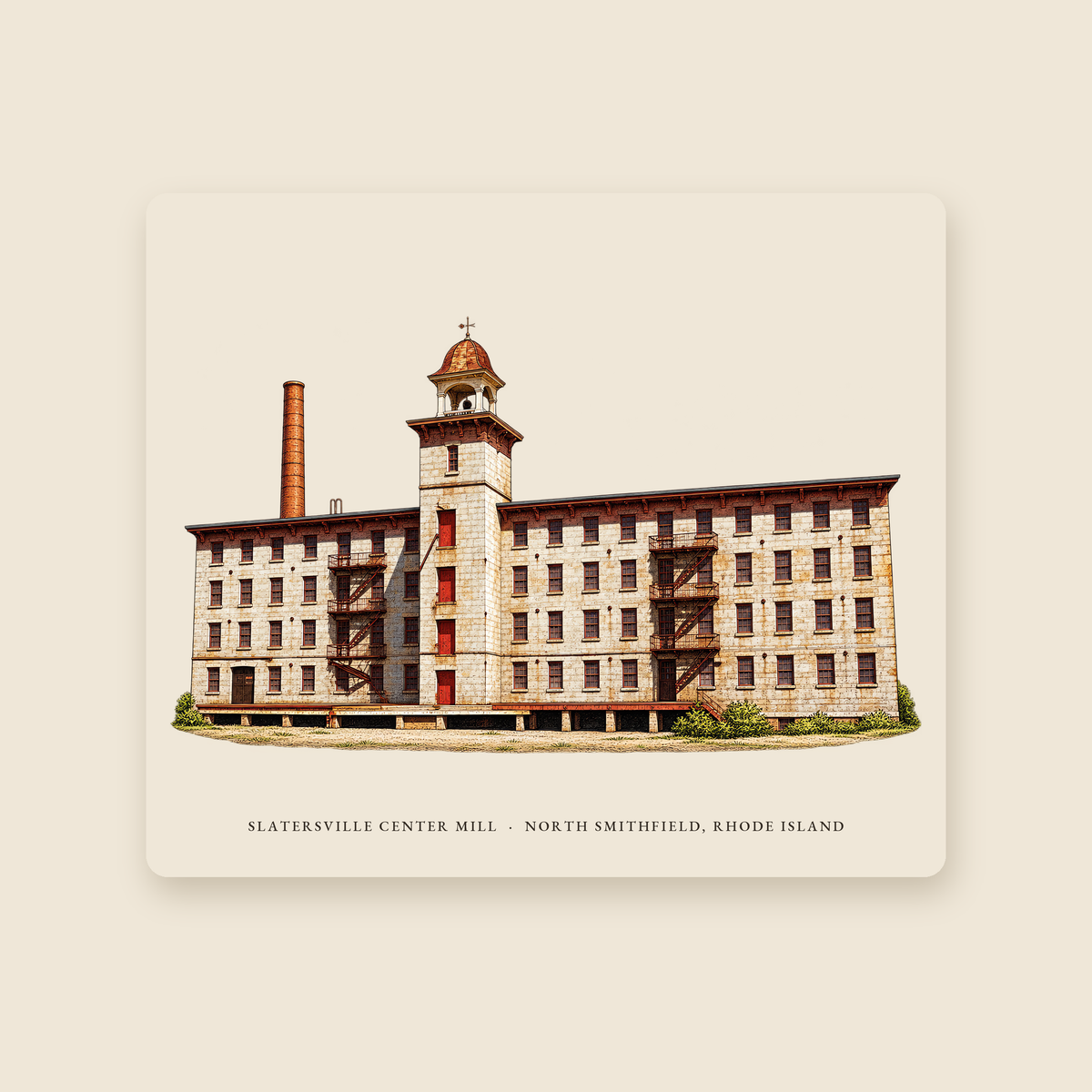 North Smithfield Slatersville Center Mill illustrated mouse pad with the caption SLATERSVILLE CENTER MILL · NORTH SMITHFIELD, RHODE ISLAND, shown on a cream background