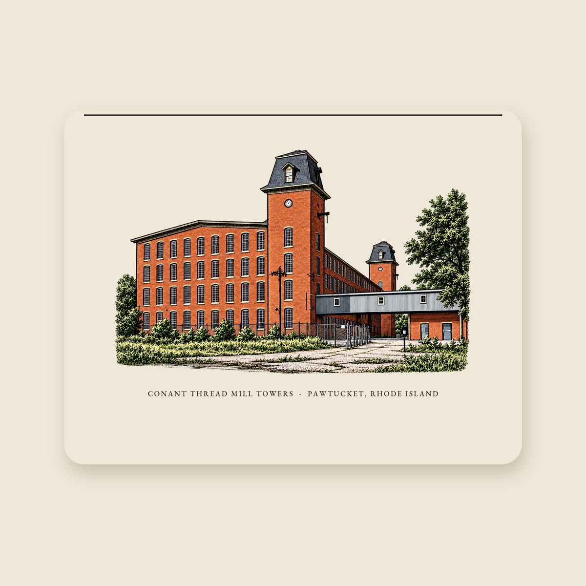 Pawtucket Conant Thread Mill Towers, Pawtucket Side illustrated laptop sleeve with the caption CONANT THREAD MILL TOWERS · PAWTUCKET, RHODE ISLAND, shown on a cream background