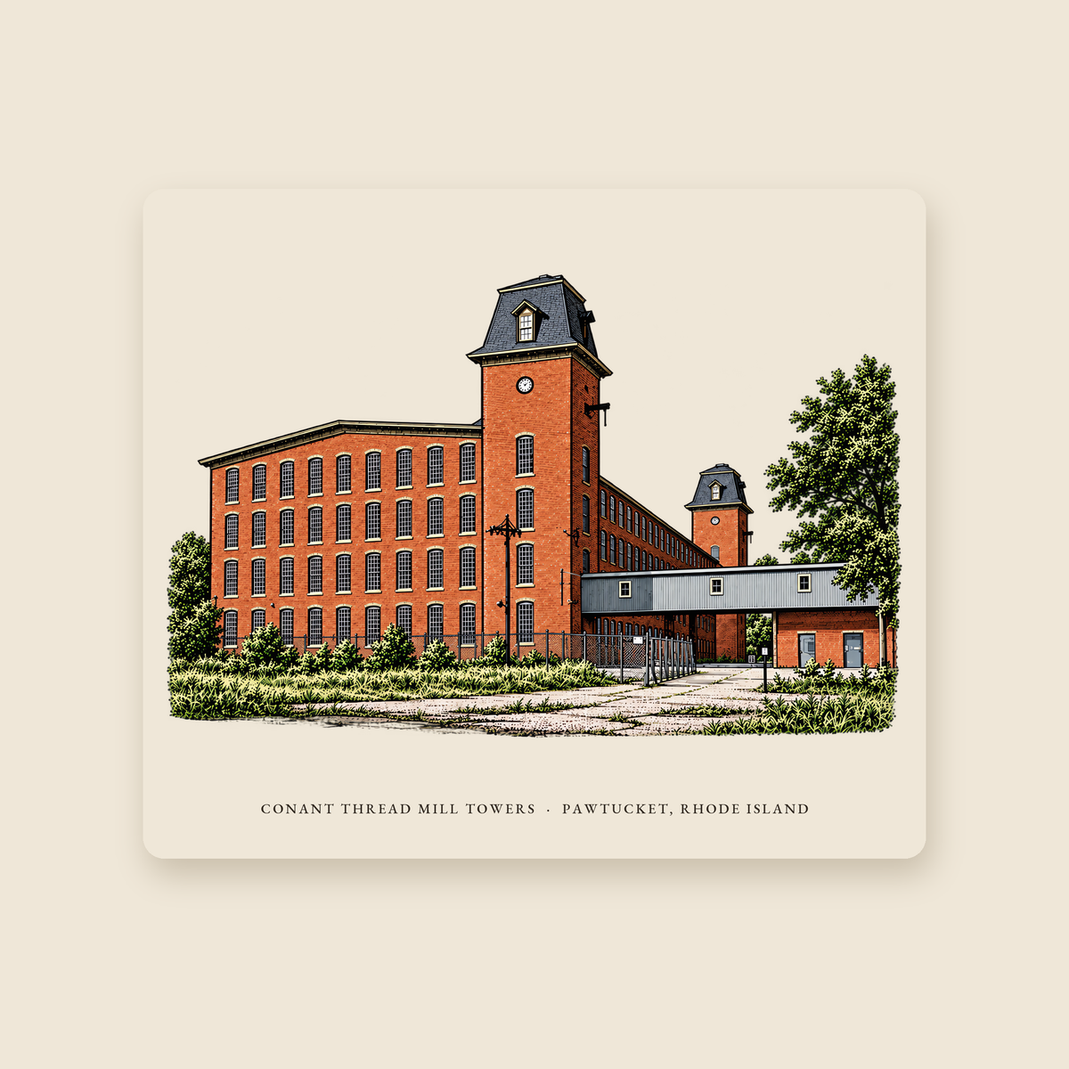 Pawtucket Conant Thread Mill Towers, Pawtucket Side illustrated mouse pad with the caption CONANT THREAD MILL TOWERS · PAWTUCKET, RHODE ISLAND, shown on a cream background