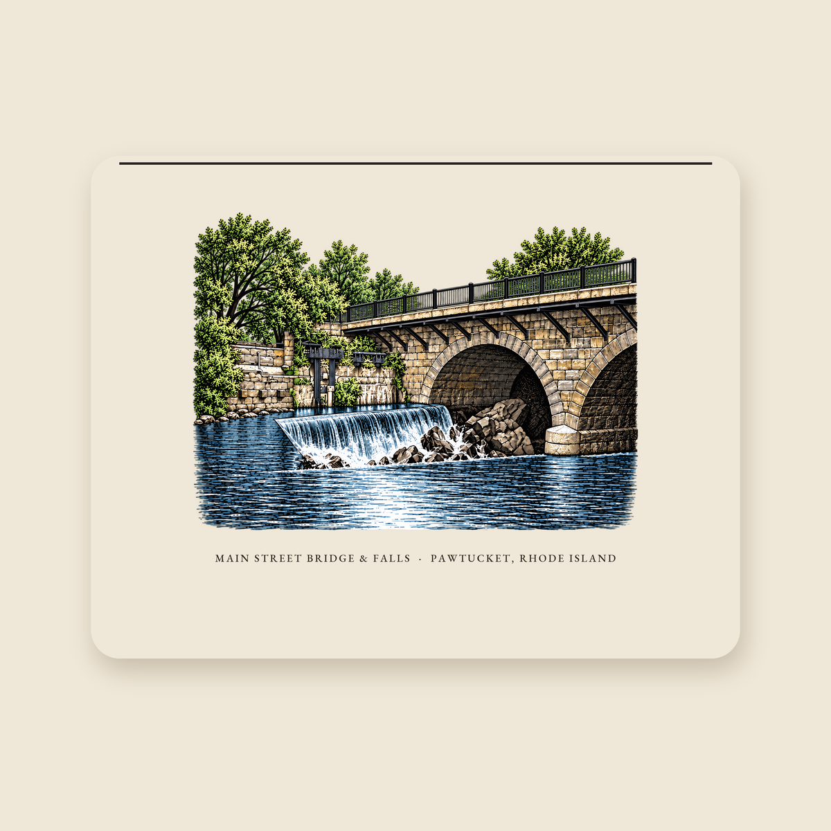 Pawtucket Main Street Stone-Arch Bridge and Falls illustrated laptop sleeve with the caption MAIN STREET BRIDGE & FALLS · PAWTUCKET, RHODE ISLAND, shown on a cream background
