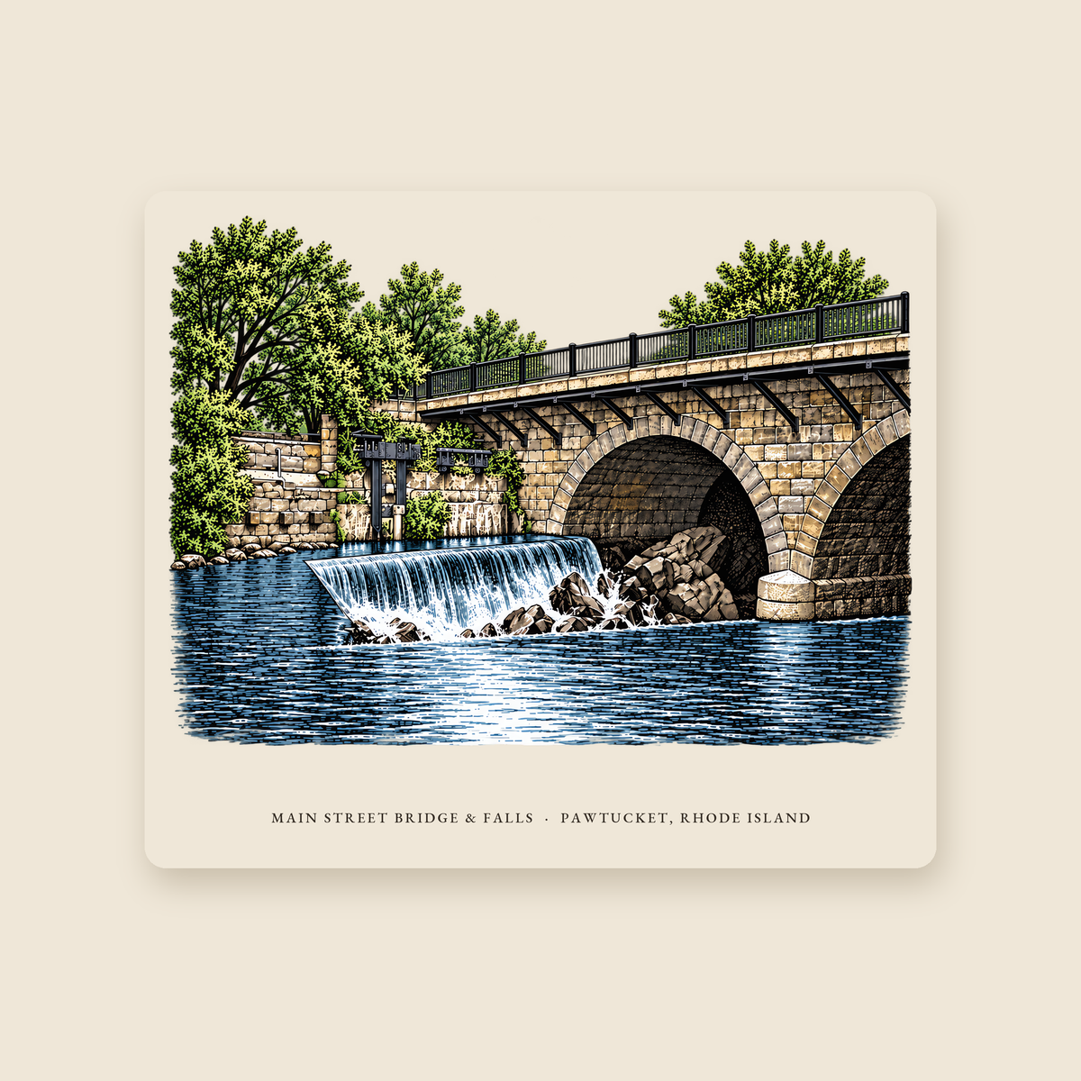 Pawtucket Main Street Stone-Arch Bridge and Falls illustrated mouse pad with the caption MAIN STREET BRIDGE & FALLS · PAWTUCKET, RHODE ISLAND, shown on a cream background