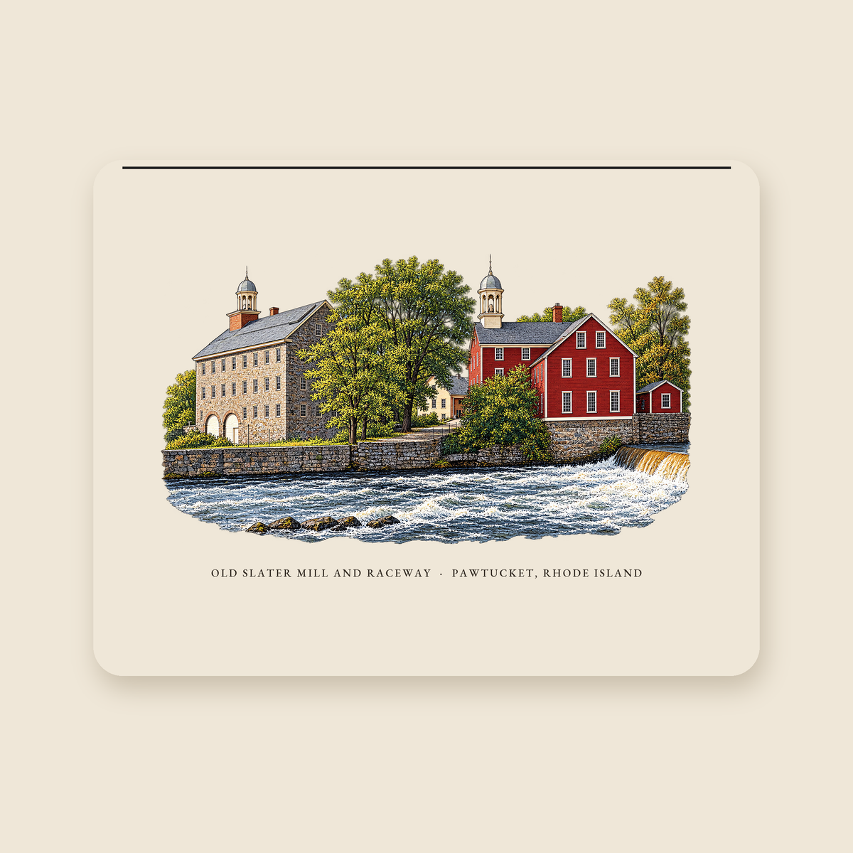 Pawtucket Old Slater Mill and Raceway illustrated laptop sleeve with the caption OLD SLATER MILL AND RACEWAY · PAWTUCKET, RHODE ISLAND, shown on a cream background
