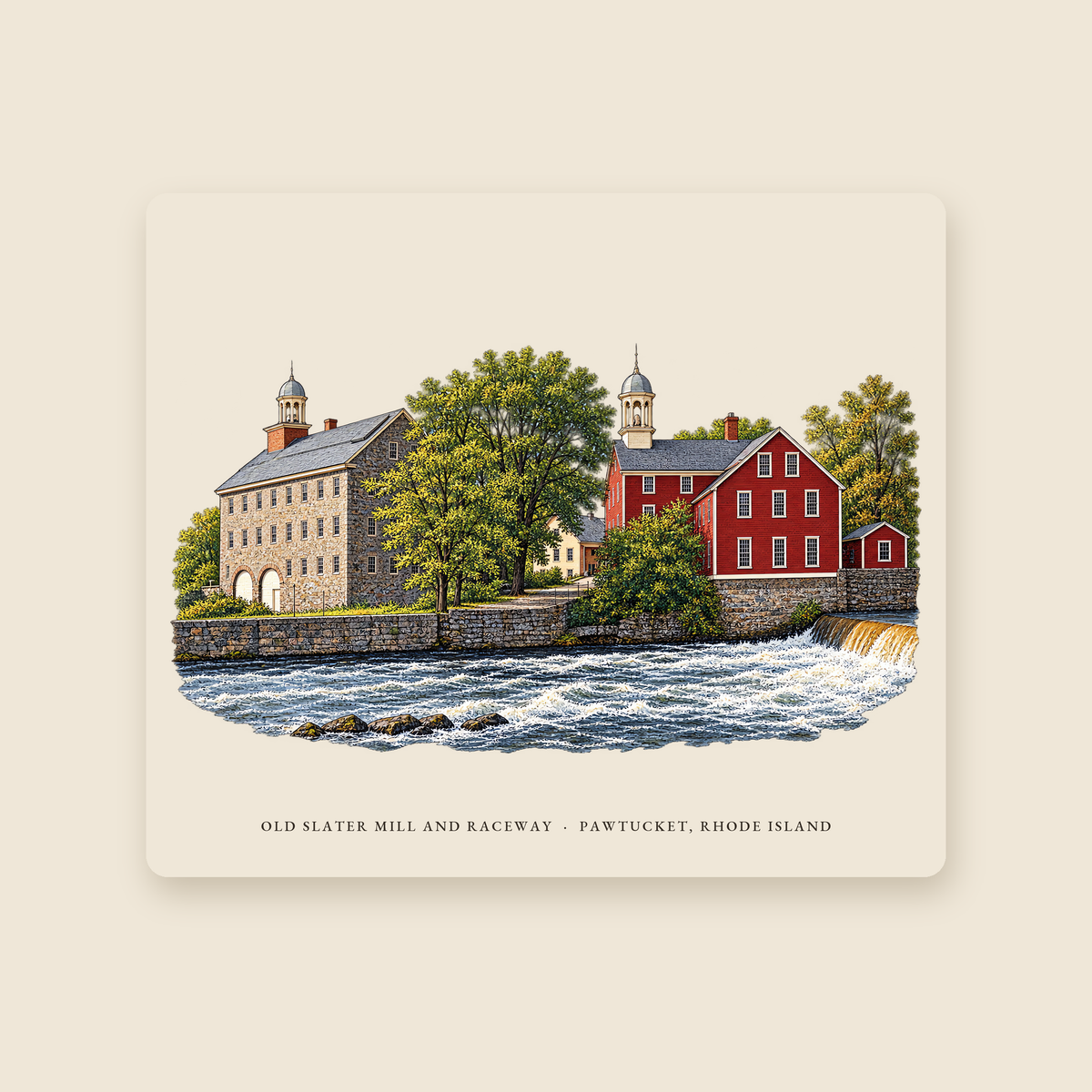 Pawtucket Old Slater Mill and Raceway illustrated mouse pad with the caption OLD SLATER MILL AND RACEWAY · PAWTUCKET, RHODE ISLAND, shown on a cream background