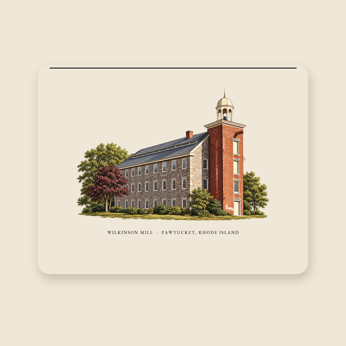 Pawtucket Wilkinson Mill Stone Machine Shop illustrated laptop sleeve with the caption WILKINSON MILL · PAWTUCKET, RHODE ISLAND, shown on a cream background
