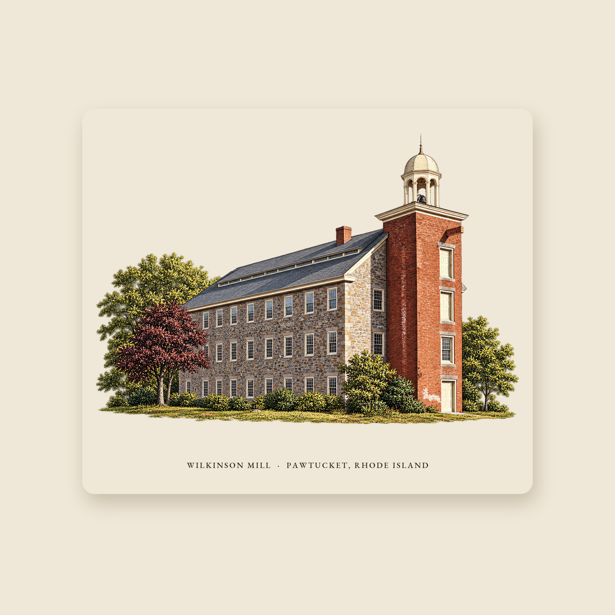 Pawtucket Wilkinson Mill Stone Machine Shop illustrated mouse pad with the caption WILKINSON MILL · PAWTUCKET, RHODE ISLAND, shown on a cream background