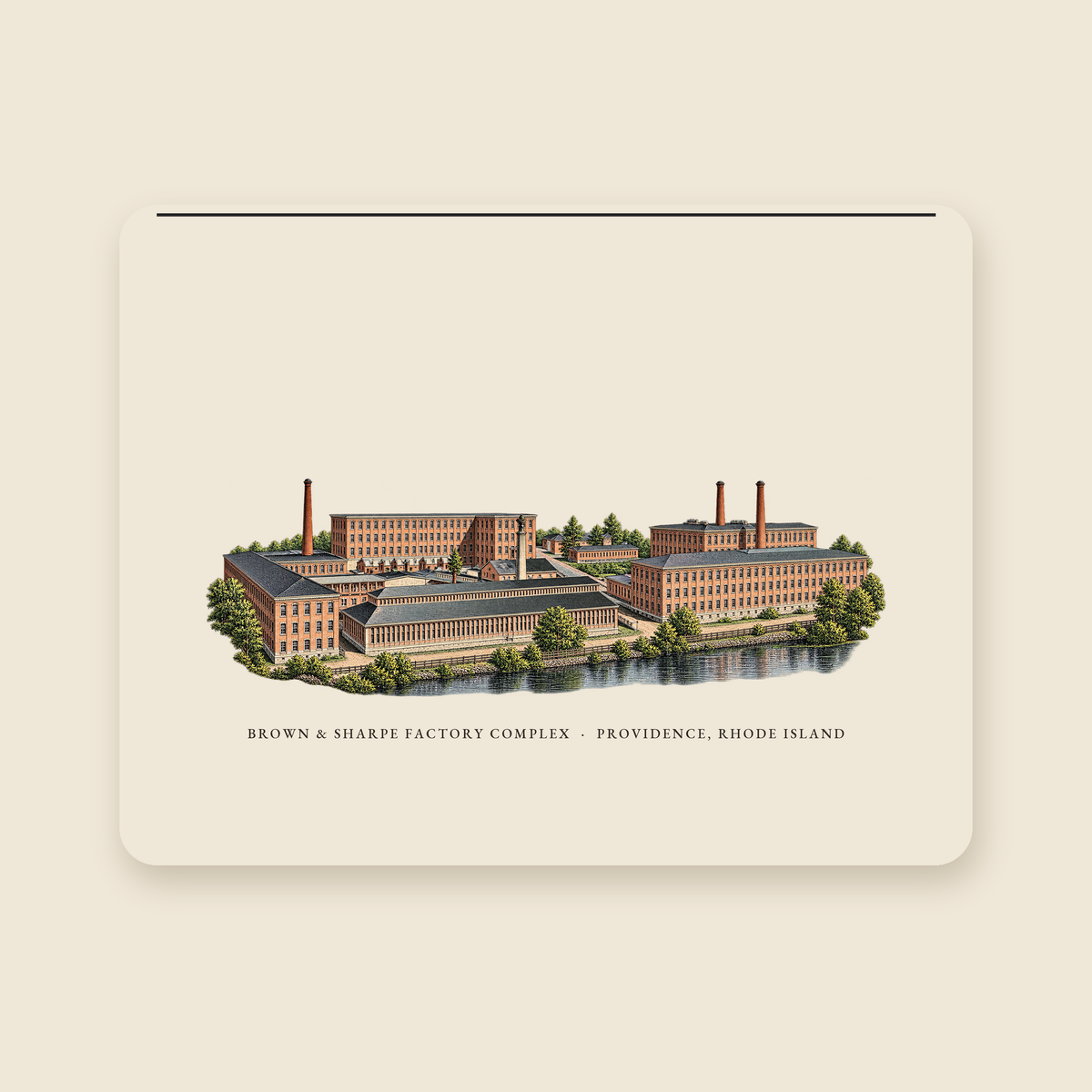 Providence Brown & Sharpe Factory Complex illustrated laptop sleeve with the caption BROWN & SHARPE FACTORY COMPLEX · PROVIDENCE, RHODE ISLAND, shown on a cream background