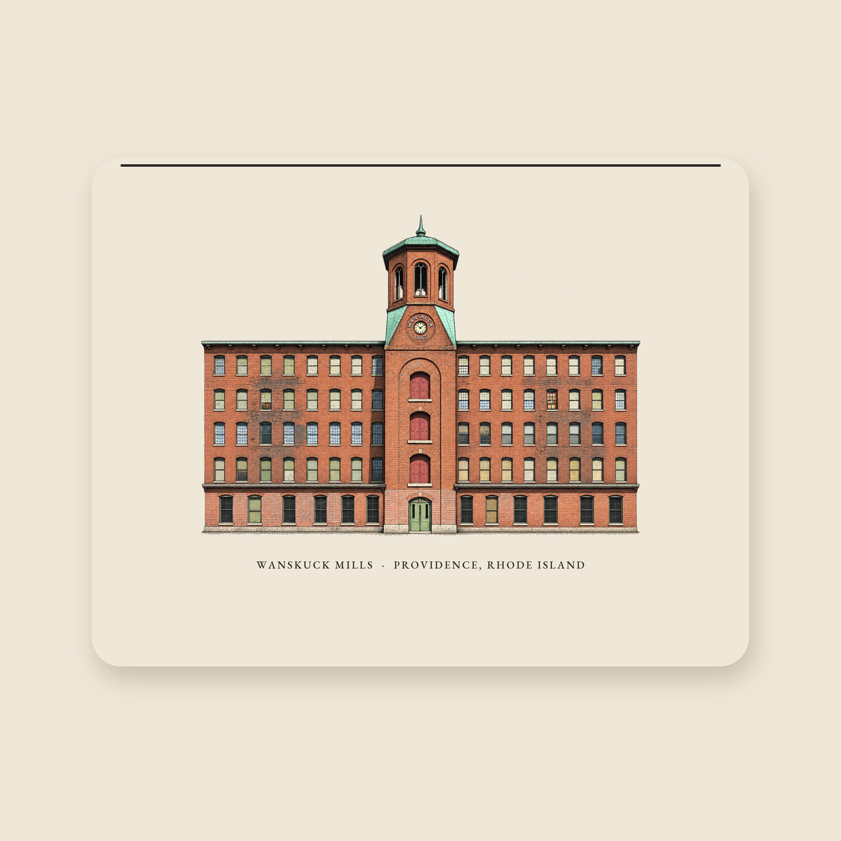 Providence Wanskuck Mills illustrated laptop sleeve with the caption WANSKUCK MILLS · PROVIDENCE, RHODE ISLAND, shown on a cream background