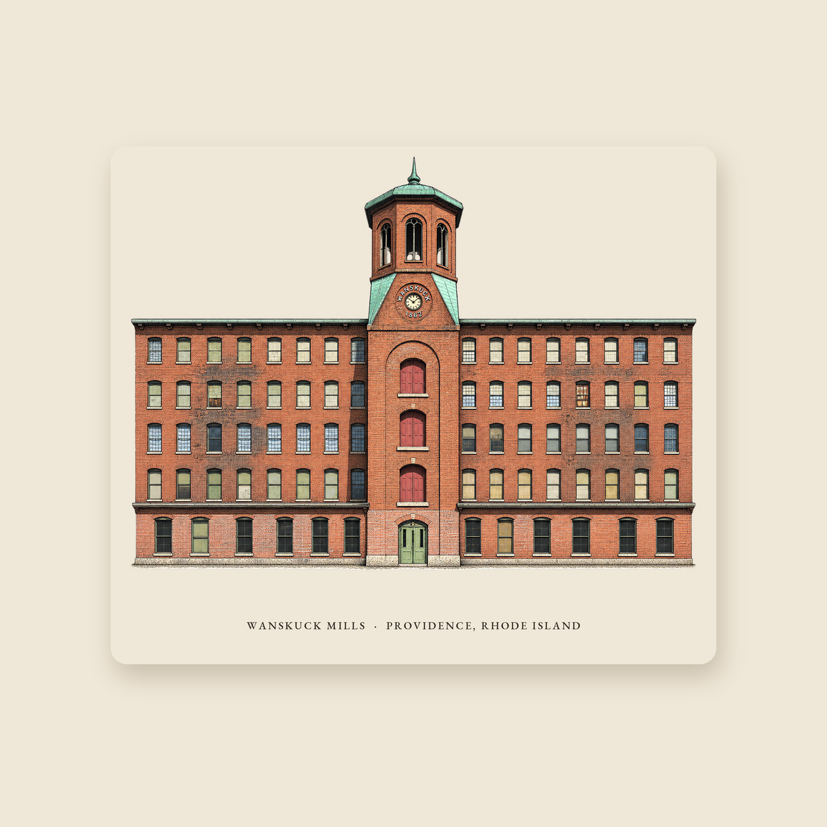 Providence Wanskuck Mills illustrated mouse pad with the caption WANSKUCK MILLS · PROVIDENCE, RHODE ISLAND, shown on a cream background