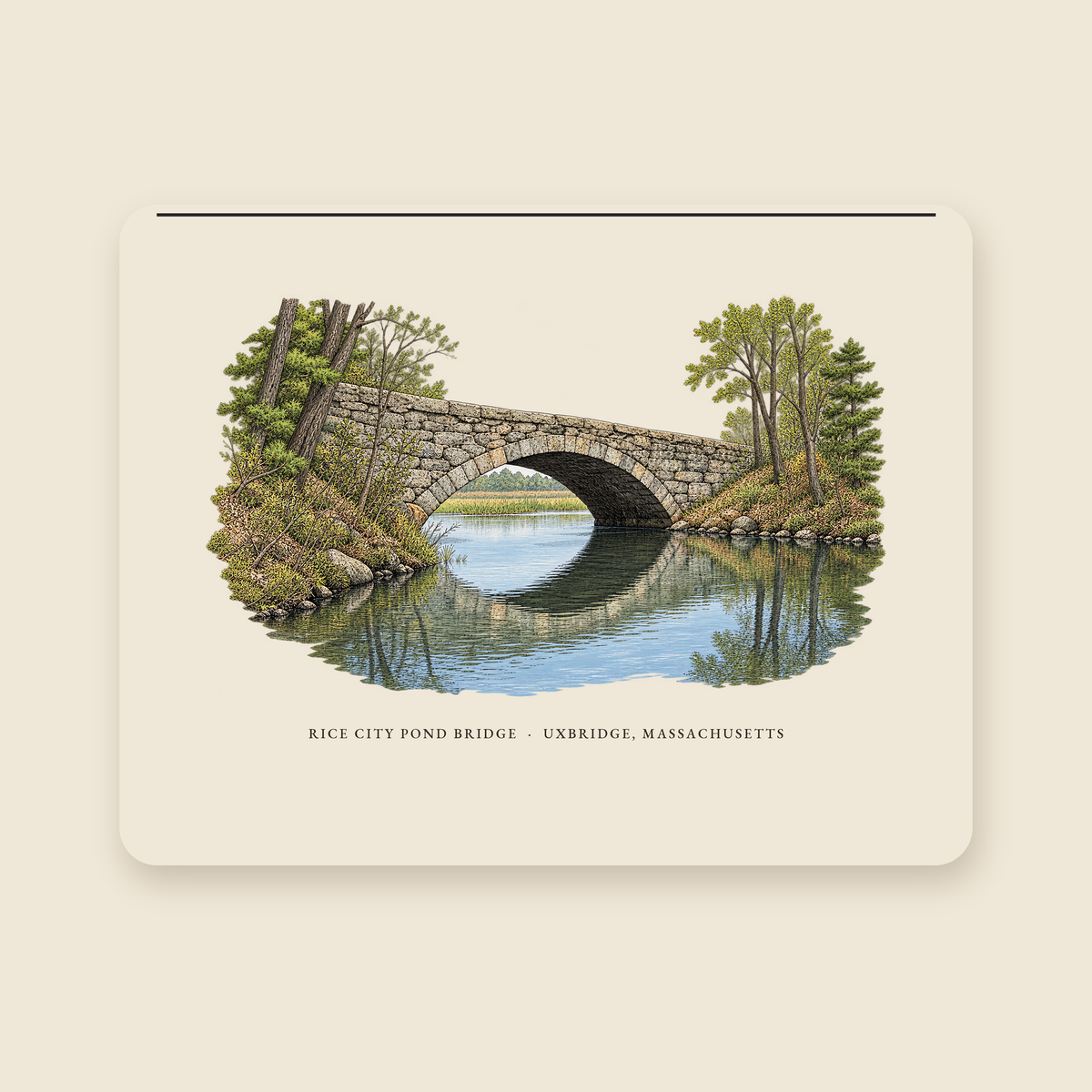 Uxbridge Rice City Pond Bridge illustrated laptop sleeve with the caption RICE CITY POND BRIDGE · UXBRIDGE, MASSACHUSETTS, shown on a cream background