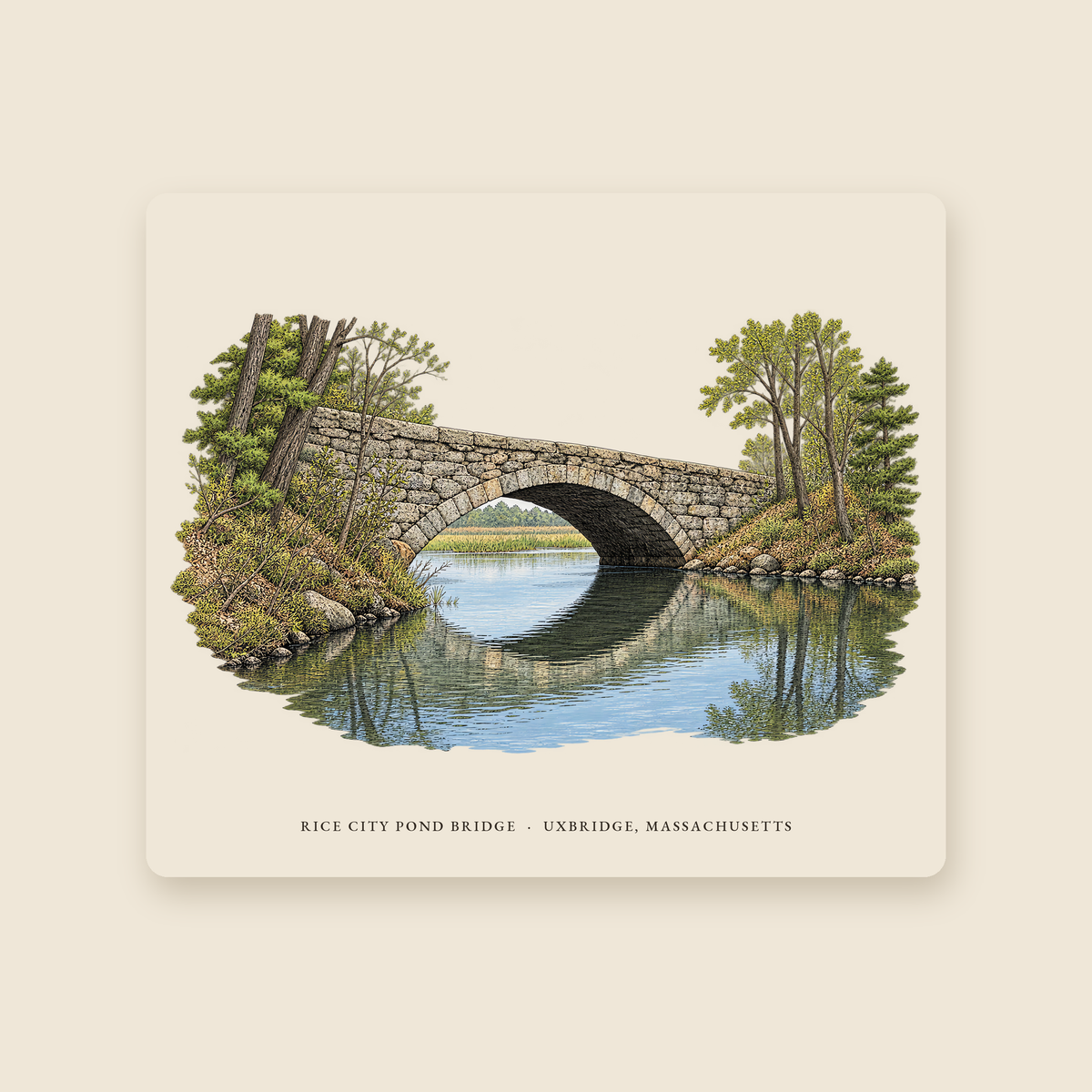 Uxbridge Rice City Pond Bridge illustrated mouse pad with the caption RICE CITY POND BRIDGE · UXBRIDGE, MASSACHUSETTS, shown on a cream background