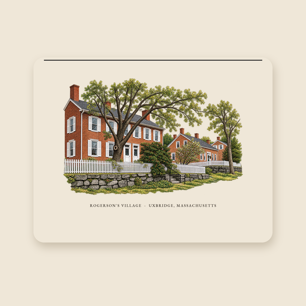 Uxbridge Rogerson's Village illustrated laptop sleeve with the caption ROGERSON'S VILLAGE · UXBRIDGE, MASSACHUSETTS, shown on a cream background