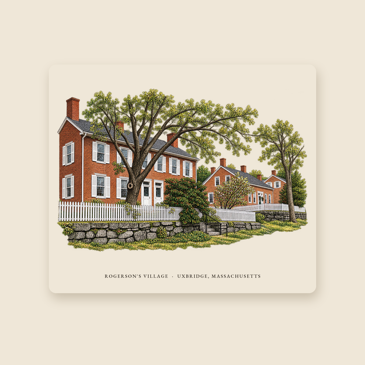 Uxbridge Rogerson's Village illustrated mouse pad with the caption ROGERSON'S VILLAGE · UXBRIDGE, MASSACHUSETTS, shown on a cream background