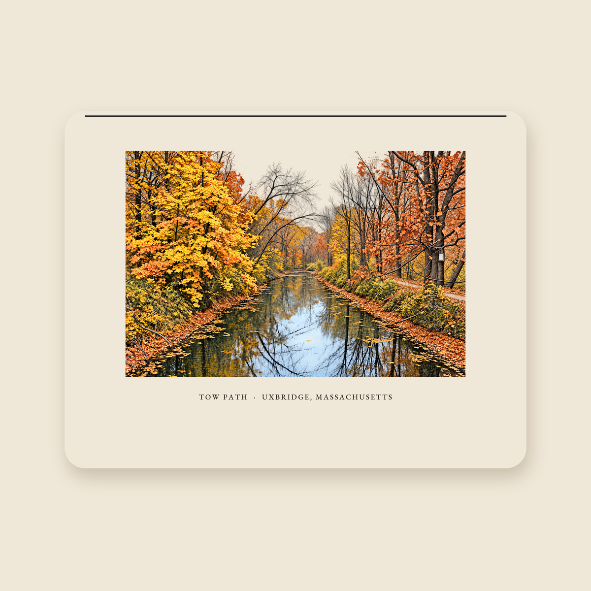 Uxbridge Tow Path illustrated laptop sleeve with the caption TOW PATH · UXBRIDGE, MASSACHUSETTS, shown on a cream background