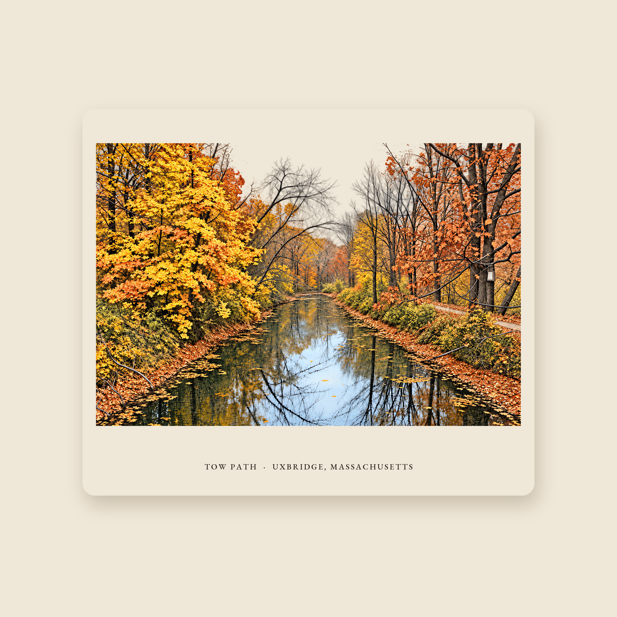 Uxbridge Tow Path illustrated mouse pad with the caption TOW PATH · UXBRIDGE, MASSACHUSETTS, shown on a cream background