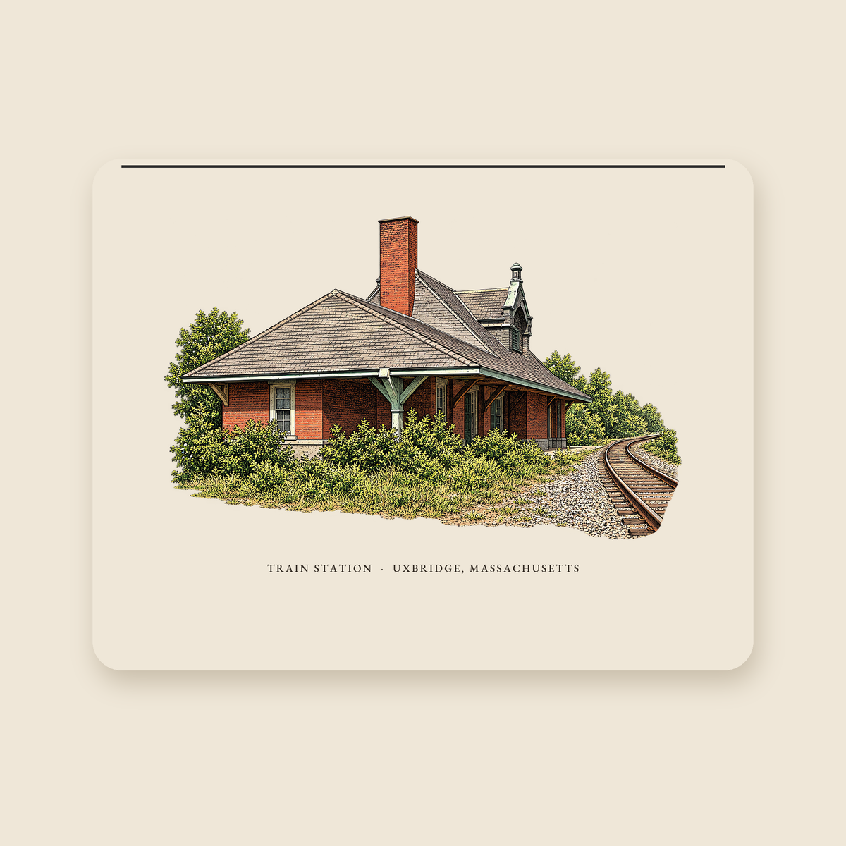 Uxbridge Train Station illustrated laptop sleeve with the caption TRAIN STATION · UXBRIDGE, MASSACHUSETTS, shown on a cream background