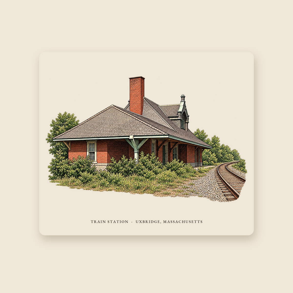 Uxbridge Train Station illustrated mouse pad with the caption TRAIN STATION · UXBRIDGE, MASSACHUSETTS, shown on a cream background