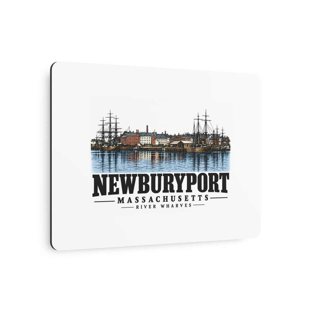 Angled front of River Wharves metal wall art, with Newburyport, Massachusetts artwork and lettering.