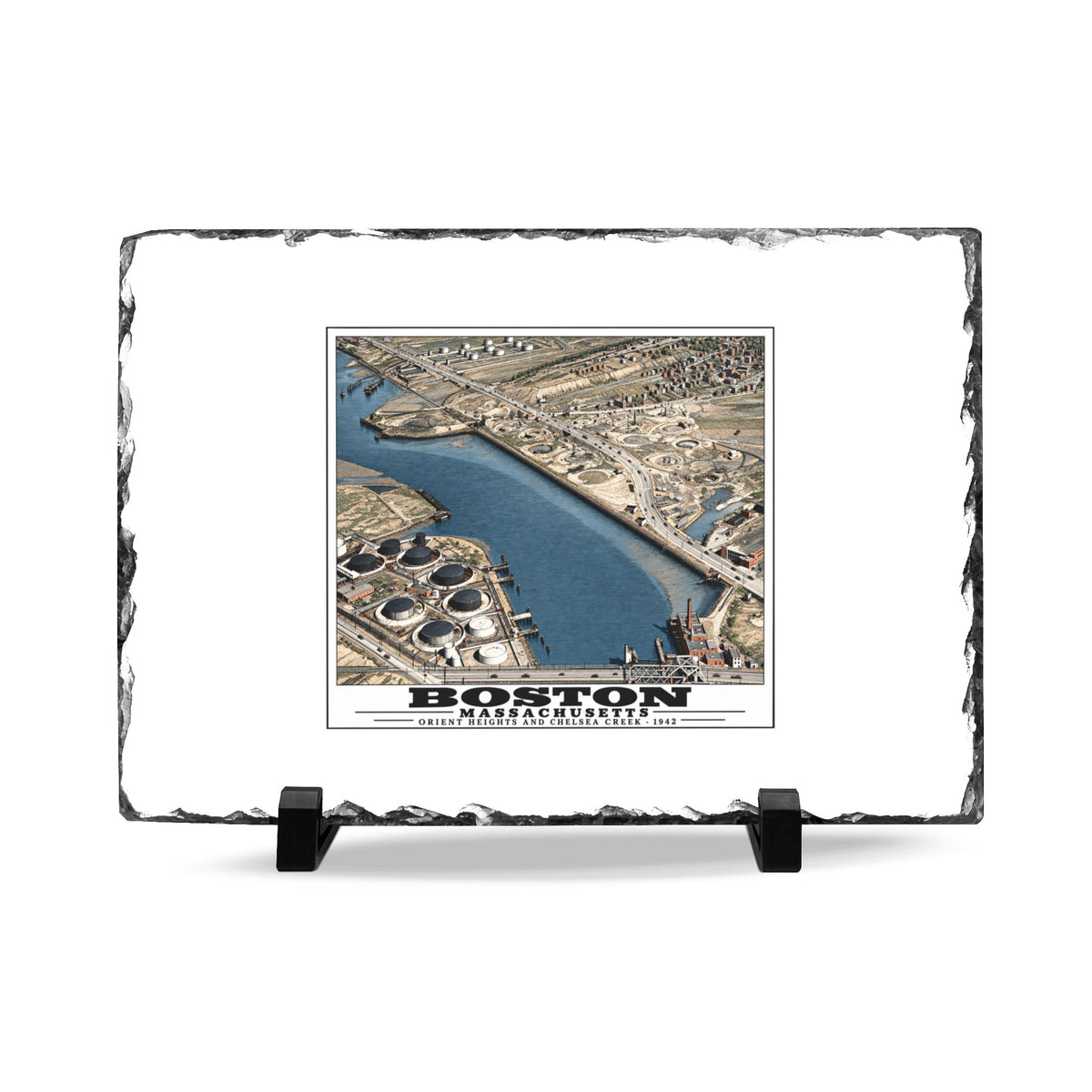 Orient Heights taken at 600 feet-Shore line, Chelsea Creek, East Boston 7 × 11 in Slate Desk Plaque - Boston Harbor