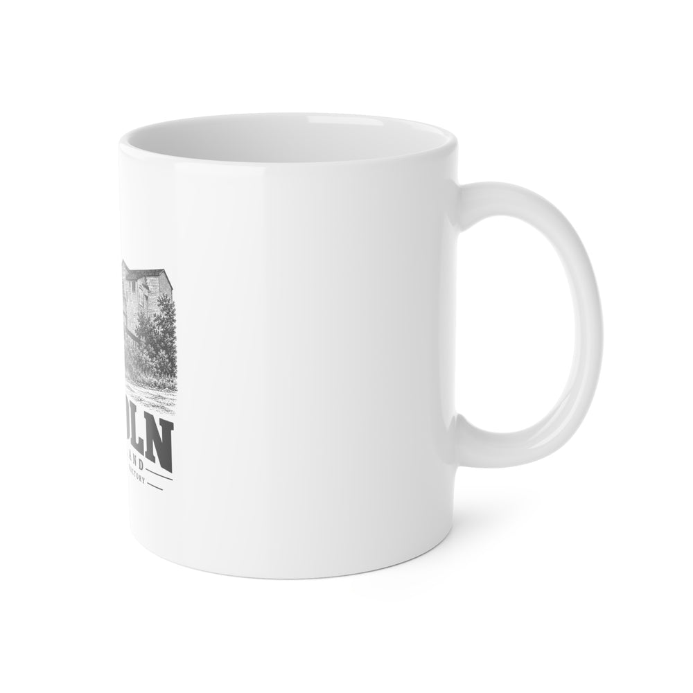 Right side of Lincoln, Rhode Island — Lime Rock Limestone Factory ceramic mug showing the handle and edge of the print