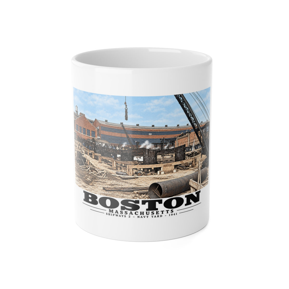 Shipways #2 Start of construction Completed 9/1941 11 oz White Ceramic Mug - Boston Harbor