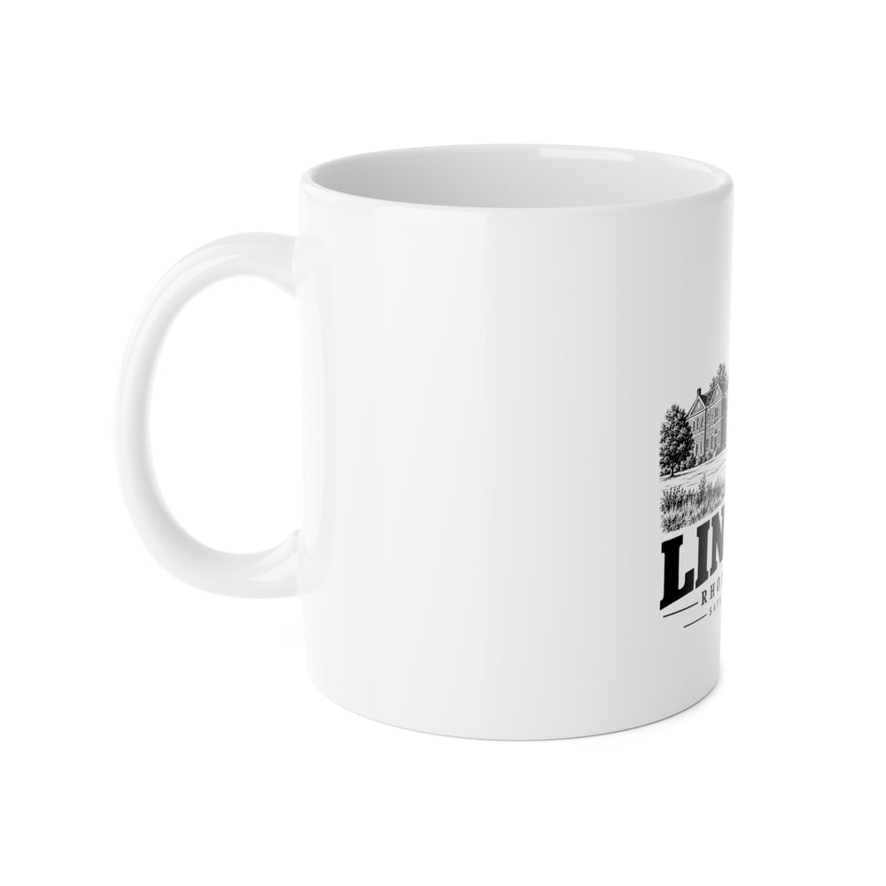 Sayles Bleachery, Lincoln, Rhode Island — white 11 oz ceramic mug, left view with handle and edge of the single front print.