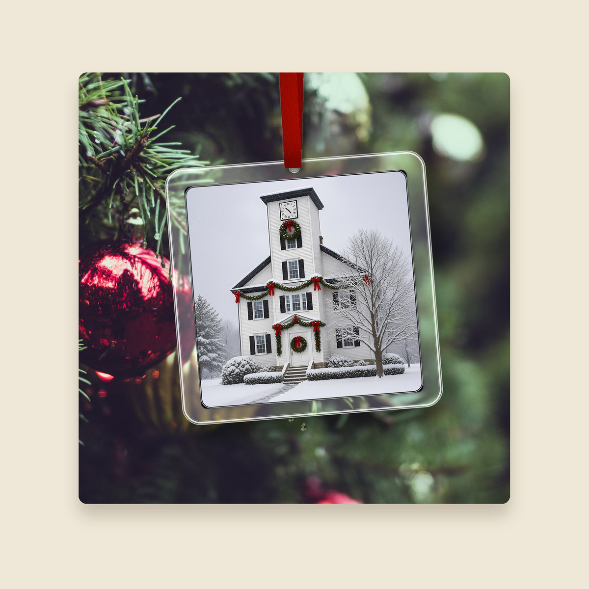 Old Town Hall in Bellingham, MA acrylic Christmas ornament hanging on a Christmas tree