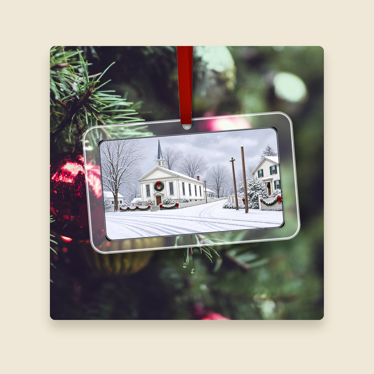 Historic Baptist Church / Streetscape in Blackstone, MA acrylic Christmas ornament hanging on a Christmas tree