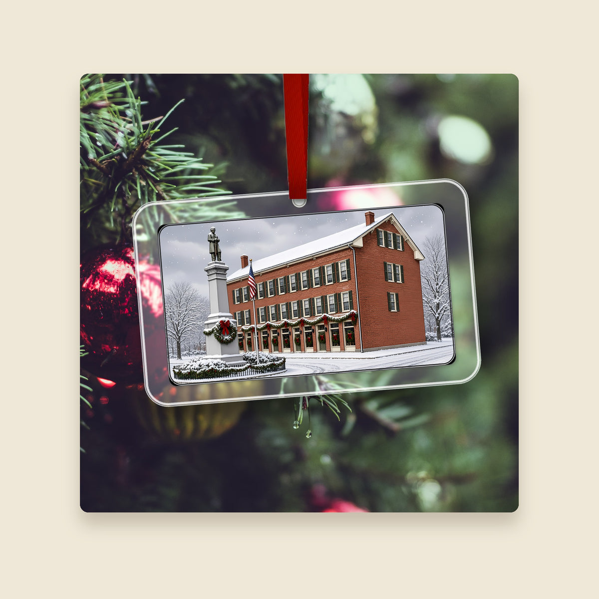 Monument Square / Blackstone Block in Blackstone, MA acrylic Christmas ornament hanging on a Christmas tree