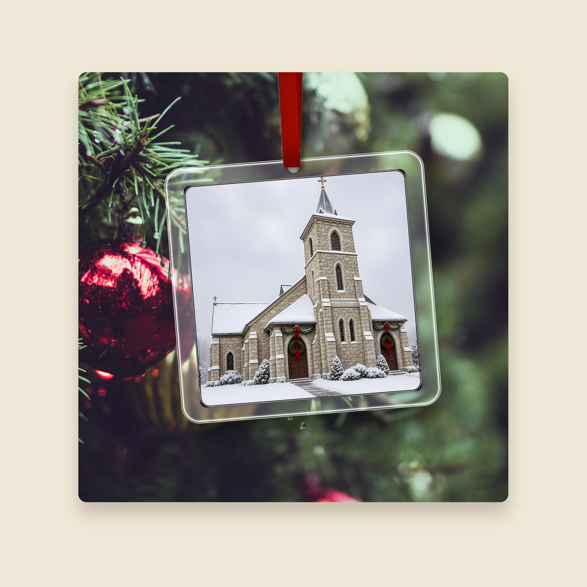 St. Paul's Church in Blackstone, MA acrylic Christmas ornament hanging on a Christmas tree